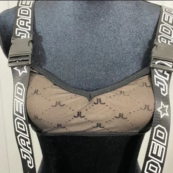 JADED LONDON Mesh Crop Bralette Rave Festival Bra Buckles Logo Straps Black XS - Picture 2 of 7
